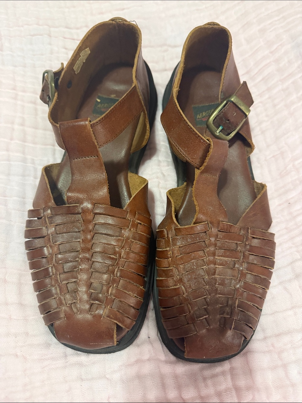 AEROSOLES Tan Brown Woven Leather Buckle Sandals